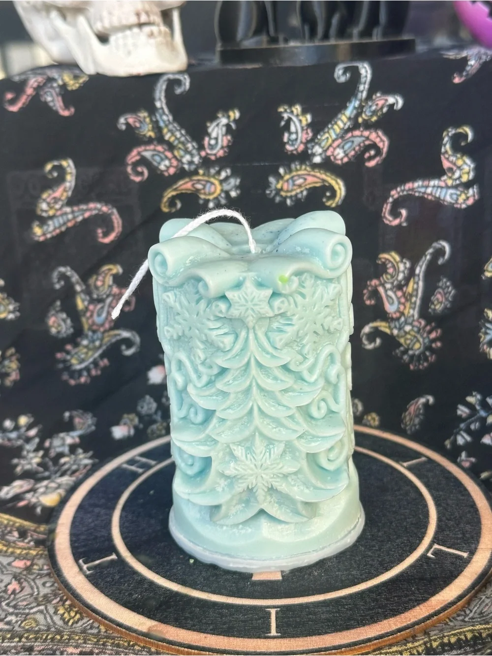 Icy Blue Winter Evergreen Pillar Candle